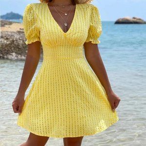 Puffed Sleeved Mini a-line dress Yellow
